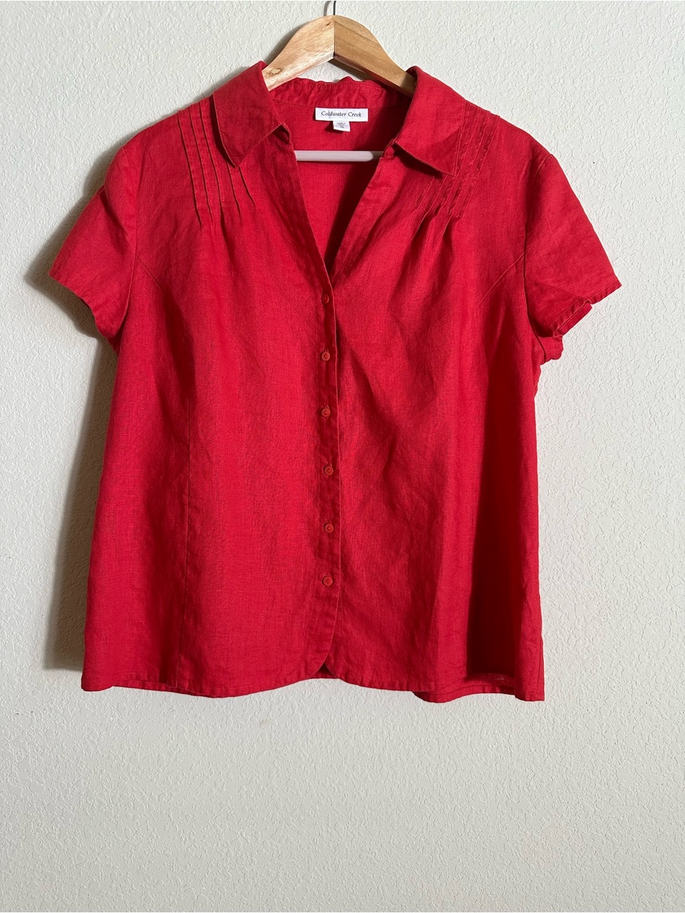 Coldwater Creek 100% Linen Red Short-Sleeve Button-Front Shirt Size XL